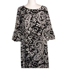Talbots Black & White Print‎ Dress Women's Petite 8P Bell Sleeve Knee‑Length